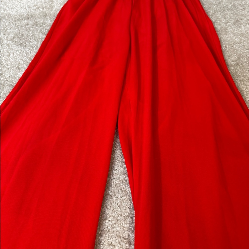 Striped Black and White Jumpsuit with Bustier Top and red wide legged pants - Picture 5 of 6